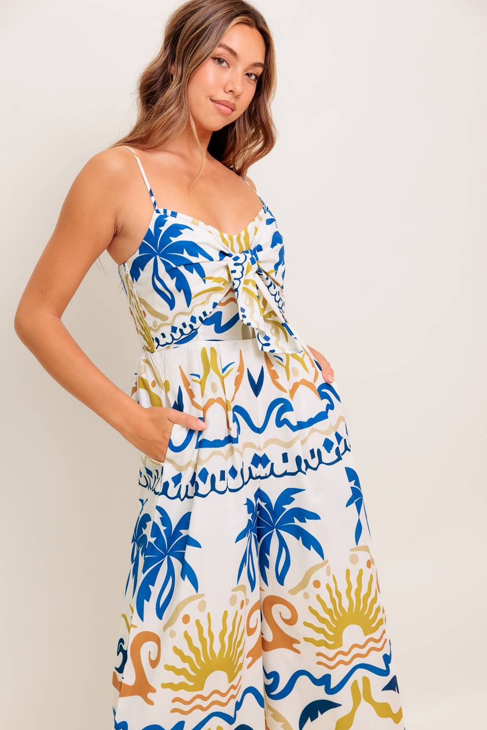 VACAY GLOW IVORY BLUE WOVEN JUMPSUIT Flying Tomato